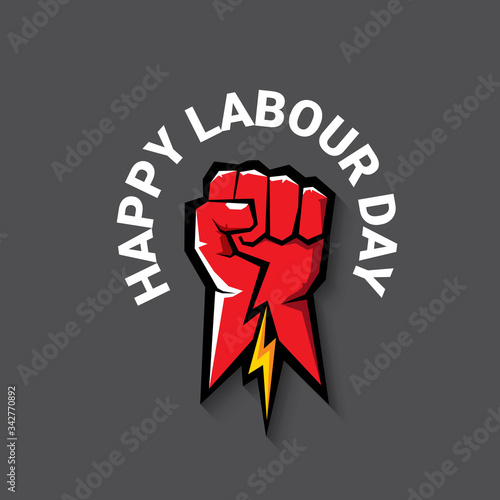 1 may Happy labour day vector label with strong protest fist isolated on grey background with rays. vector happy labor day background or banner with man hand. workers may day poster