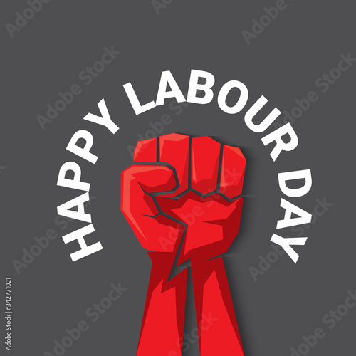 1 may Happy labour day vector label with strong protest fist isolated on grey background with rays. vector happy labor day background or banner with man hand. workers may day poster