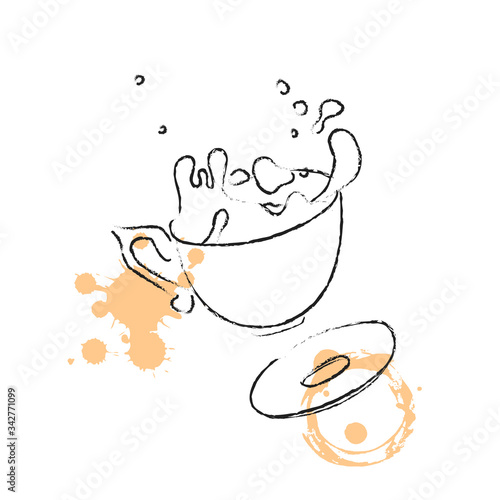 Sketched hand drawn coffee cup, hot tea drink. Tea cup symbol with stains of drinks. Vector illustration in sketch style, outline. Pencil sketch.