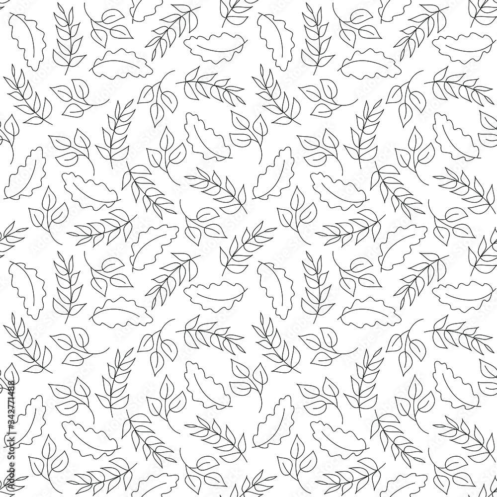 Fototapeta premium Leaves: simple drawings, colorless seamless pattern, floral wallpaper texture print, wrapping design. Vector graphics.