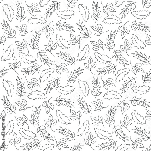 Leaves: simple drawings, colorless seamless pattern, floral wallpaper texture print, wrapping design. Vector graphics. © lipchania