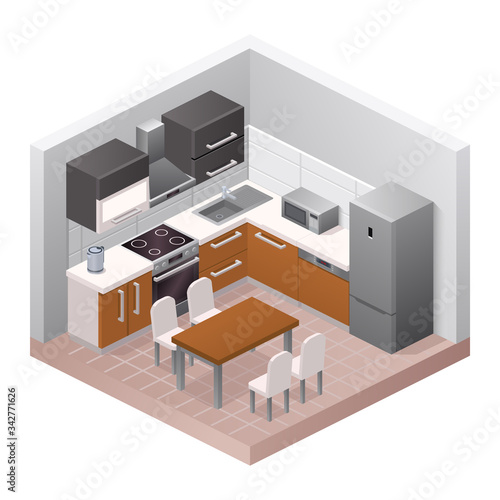 Vector realistic illustration isometric kitchen
