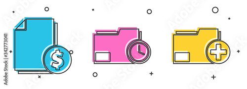 Set Finance document, Document folder with clock and Add new folder icon. Vector
