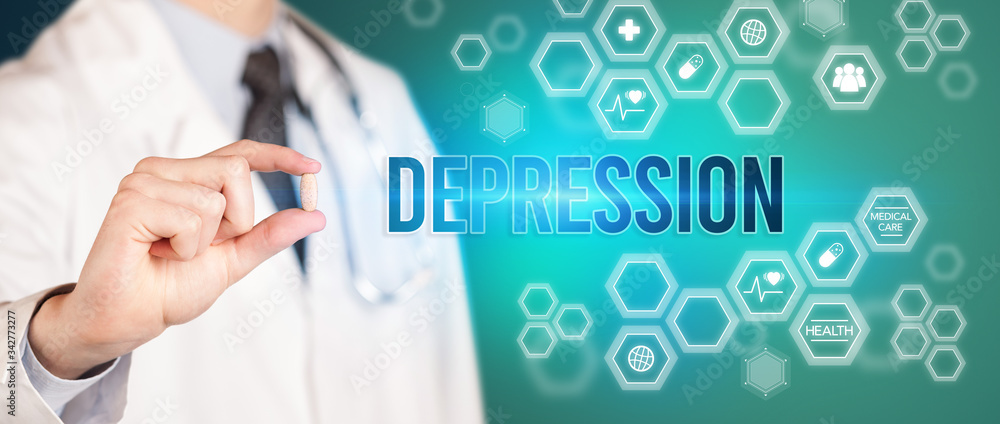 Close-up of a doctor giving you a pill with DEPRESSION inscription, medical concept