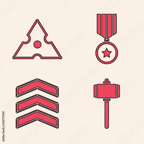 Set Battle hammer, Japanese ninja shuriken, Military reward medal and Military rank icon. Vector