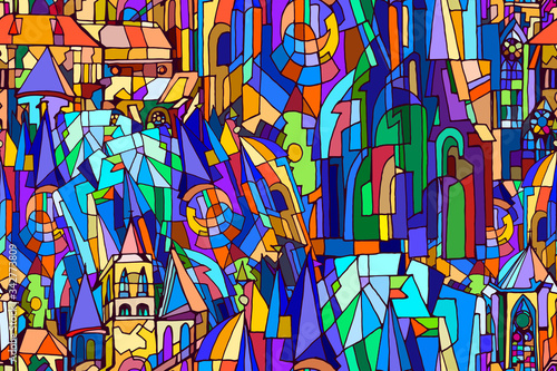 Vector seamless pattern with abstract fantasy colorful night Gothic city. Stained glass texture. Hand drawn.