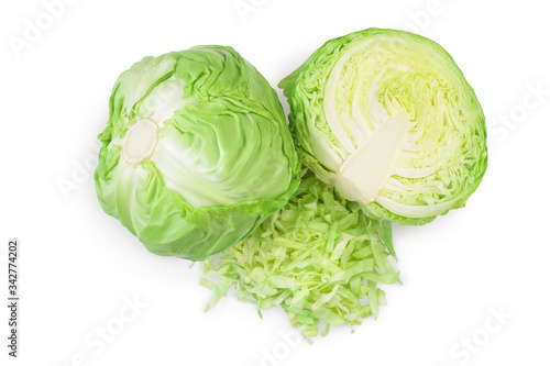 Green cabbage isolated on white background with clipping path and full depth of field. Top view. Flat lay.