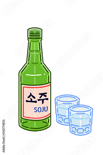 'Soju' illustrations set. soju is a clear, colorless distilled beverage of Korean origin. The letters written on the label mean soju.