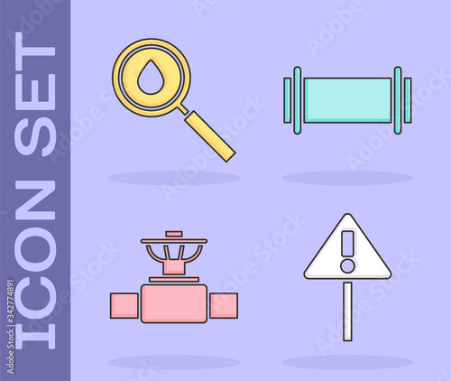 Set Exclamation mark in triangle, Oil drop, Industry pipe and valve and Industry pipe icon. Vector