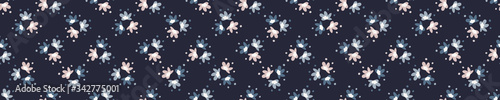 Indigo blue doodle flower seamless border pattern. Sketchy floral daisy vector background. Modern dark navy ribbon trim graphic design. Hand drawn quirky edging banner. Masculine bloom decor textile 