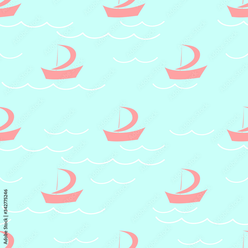 Fototapeta premium Pink cartoon ships on the background of blue water: sailing seamless pattern, wallpaper texture print, wrapping design. Vector graphics.
