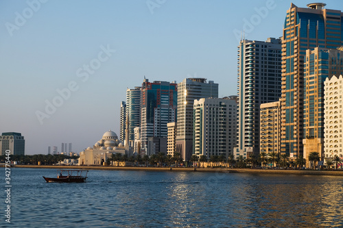 Panorama of the center of the Emirate of Sharjah, United Arab Emirates . Walking area in the UAE city. Real estate in United Arab Emirates .