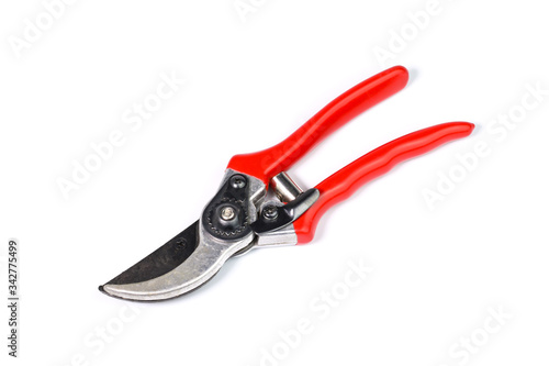 Isolated Pruning knives with red holder on white background.