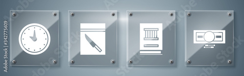 Set Stacks paper money cash, Law book, Evidence bag and knife and Clock. Square glass panels. Vector