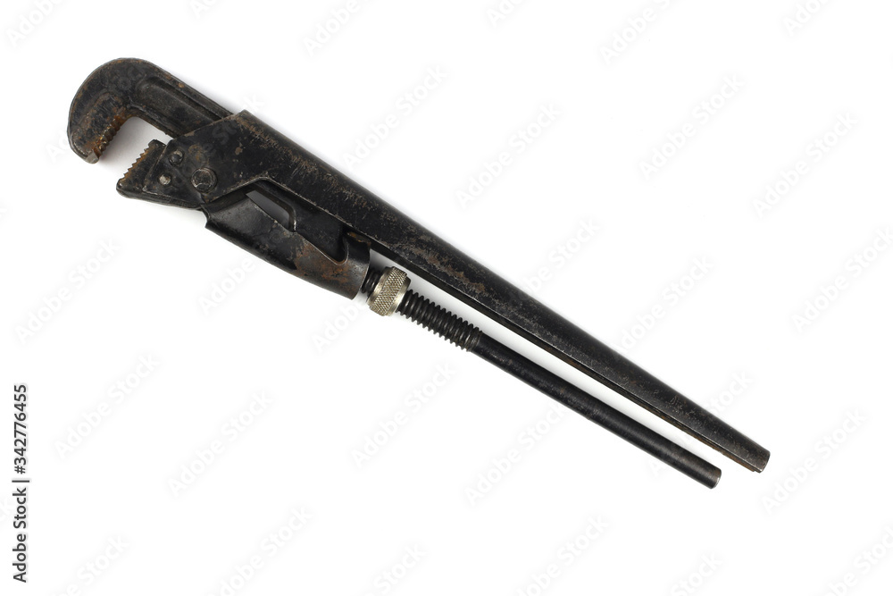 Old pipe wrench rusty adjustable, isolated on a white background Old pipe wrench rusty adjustable, isolated on a white background