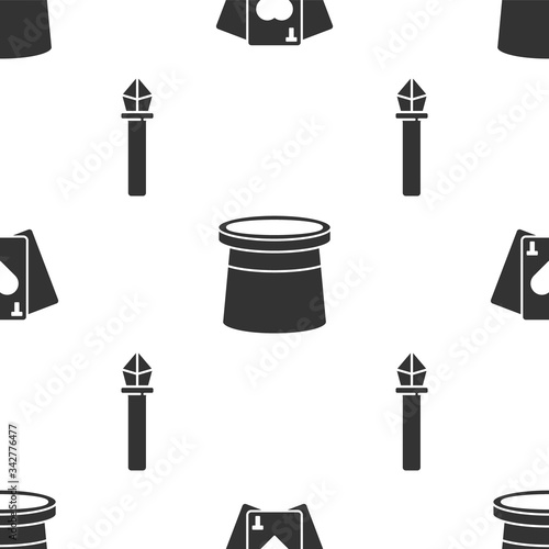 Set Playing cards, Magician hat and Magic staff on seamless pattern. Vector