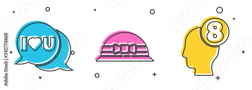 Set Speech bubble with I love you, Elegant women hat and 8 March in human head icon. Vector