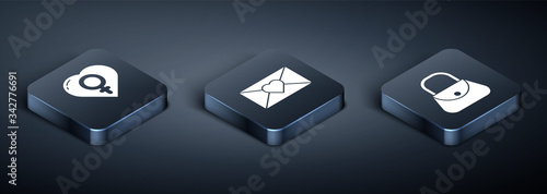 Set Isometric Female gender in heart, Handbag and Envelope with 8 March icon. Vector