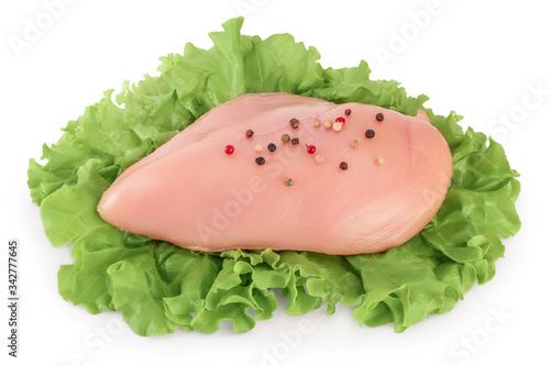 Photo Fresh chicken fillet with lettuce isolated on white background with clipping path and full depth of field