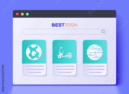 Set Mars rover, Earth globe and Planet Mars icon. Vector