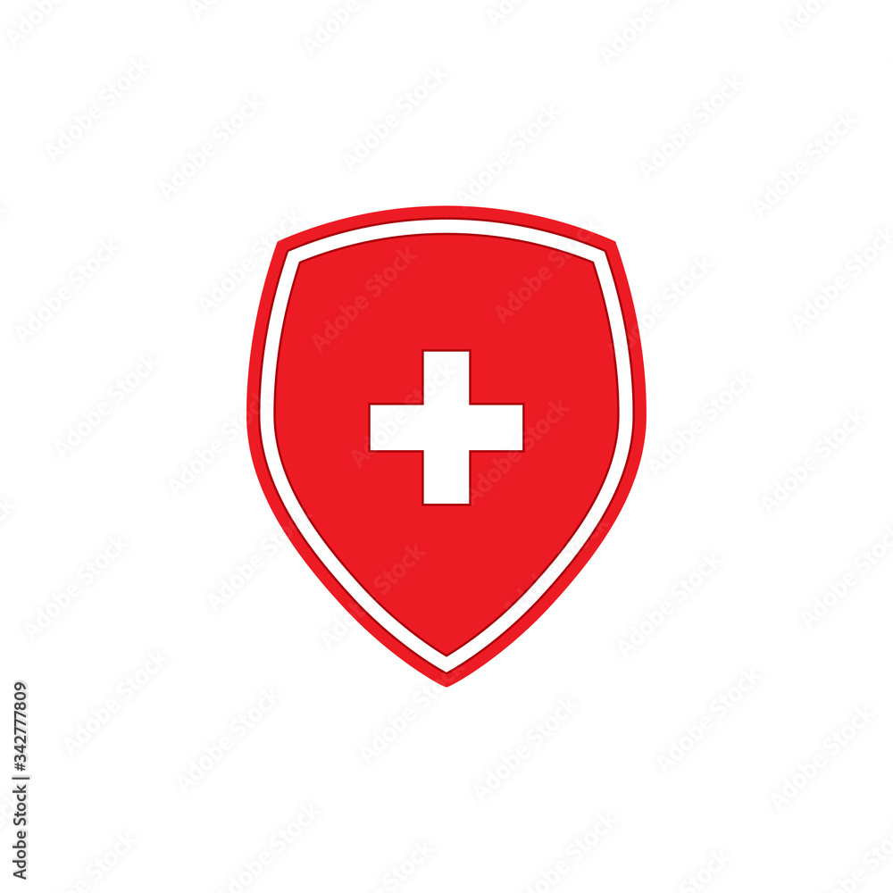 Red shield with white cross icon isolated on white background. Vector illustration Red shield with white cross icon isolated on white background. Vector illustration