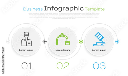 Set line Oilman, Industry pipe and valve and Barrel oil leak. Business infographic template. Vector