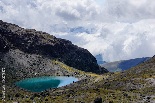 ILINIZA VOLCANO, ECUADOR - DECEMBER 03, 2019: Green lake under the south peak of the mountain