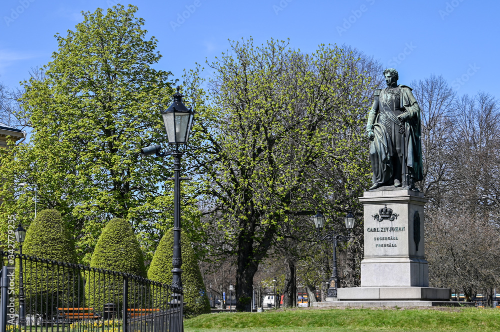 Carl Johans park with the statue of king Karl Johan XIV during early spring in Norrkoping, Sweden. Karl Johan was the first king of the Bernadotte family.
