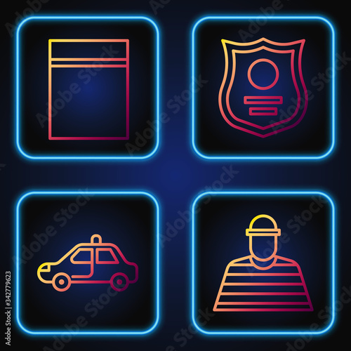 Set line Prisoner, Police car and flasher, Plastic bag with ziplock and Police badge. Gradient color icons. Vector