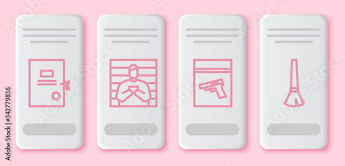 Set line Lawsuit paper, Suspect criminal, Evidence bag and pistol or gun and Paint brush. White rectangle button. Vector
