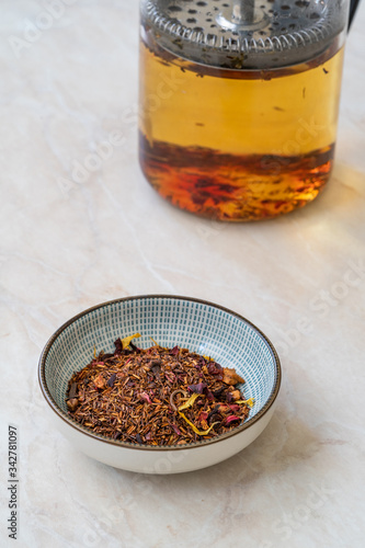 Healthy Traditional Herbal Rooibos Beverage Tea with Dried Spices and French Press.