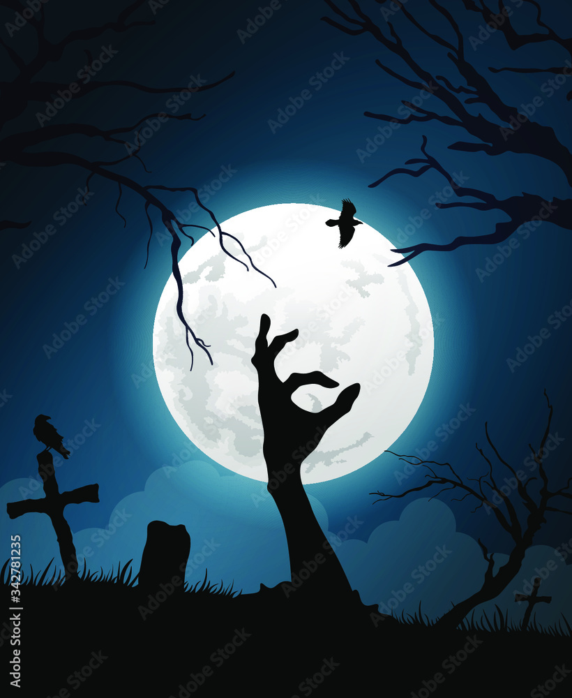 Halloween background with zombie hand on cemetery and Moon, vector illustration