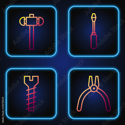 Set line Pliers tool, Metallic screw, Sledgehammer and Screwdriver. Gradient color icons. Vector