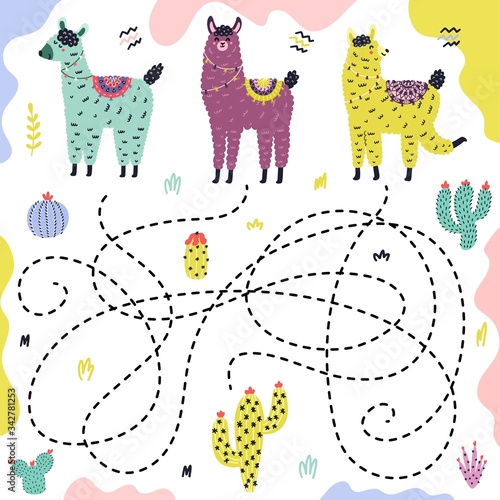 Guess which llama gets to the cactus. Maze game with funny alpacas for kids