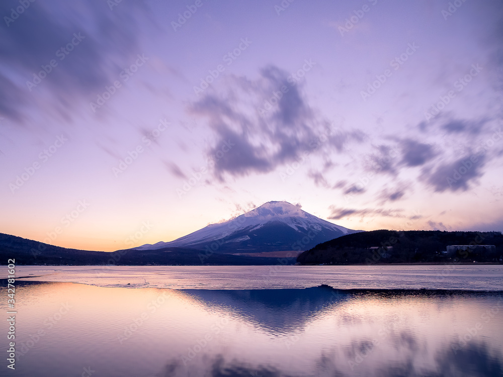 Snow Covered Mt. Fuji Reflected in Lake Yamanaka at Sunset Snow Covered Mt. Fuji Reflected in Lake Yamanaka at Sunset
