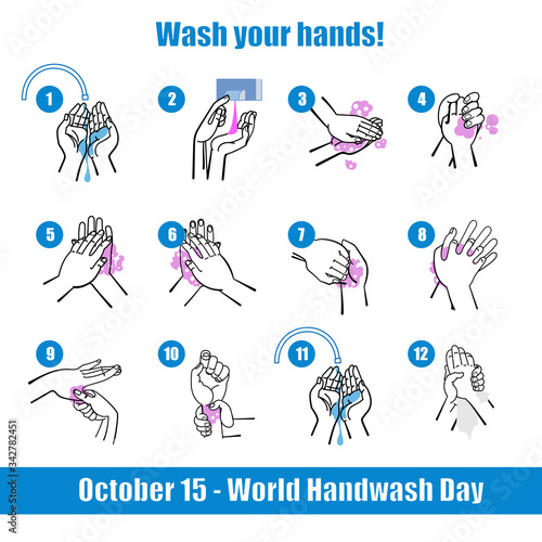 Washing hands properly infographic set cartoon style vector illustration isolated on a white background.