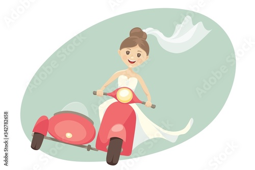 Funny bride on a scooter with sidecar. Vector illustration, card, girl hurries to the wedding