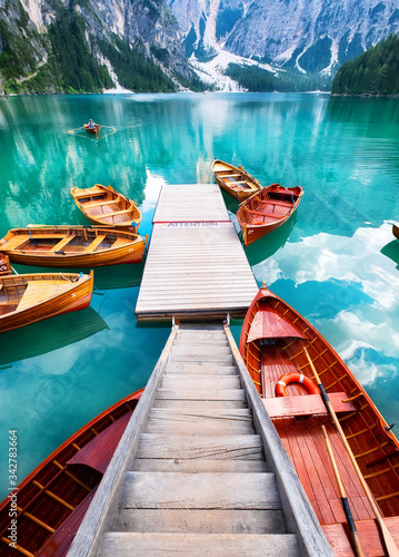 Lago di Braers lake, Dolomite Alps, Italy. Boats on the lake. Landscape in the Dolomite Alps, Italy. Pragser Wildsee - Image photo