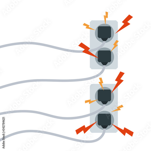 Electrical circuit. Shock, red lightning and yellow sparks from the outlet. Connector and plug. System overload. The problem with the appliance. Fire situation with smoke and safety.
