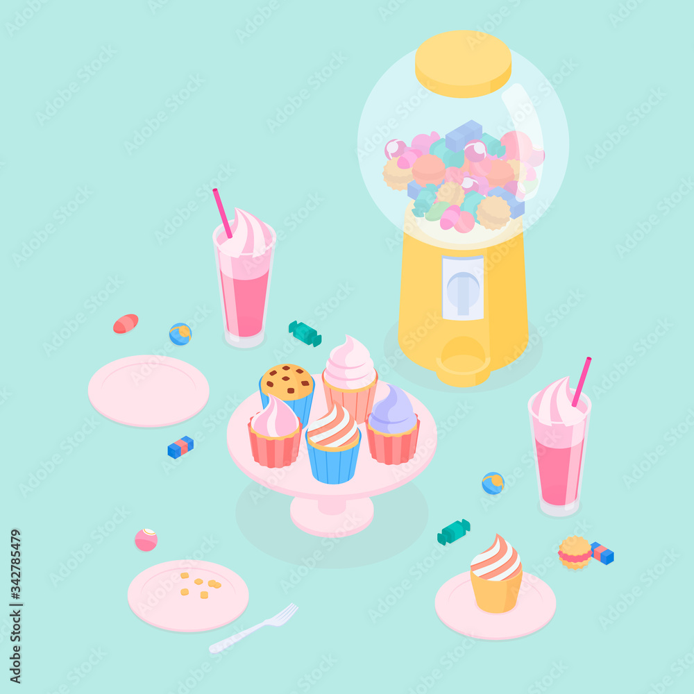 Candy store set. Isometric vector illustration in flat design.
