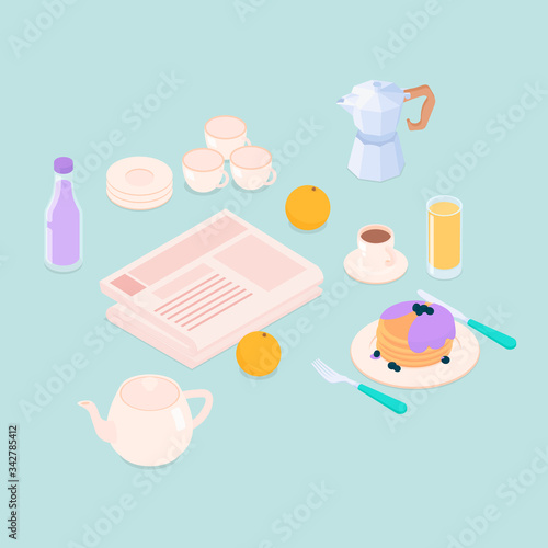 Turquoise breakfast set with pancakes. Isometric vector illustration in flat design.