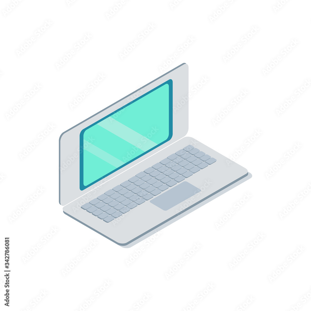 The laptop is in isometric style. Laptop screen template isolated on a white background. The laptop is in isometric style. Laptop screen template isolated on a white background.