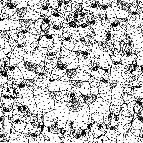 Black and white seamless pattern with funny llamas