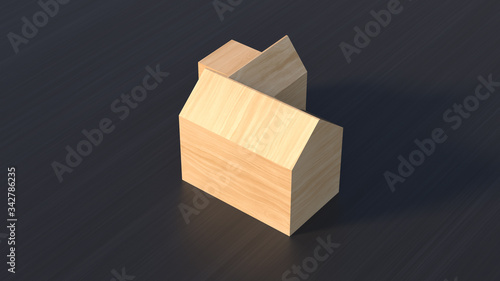 Wooden low poly house isolated on black wooden background. 3d render.