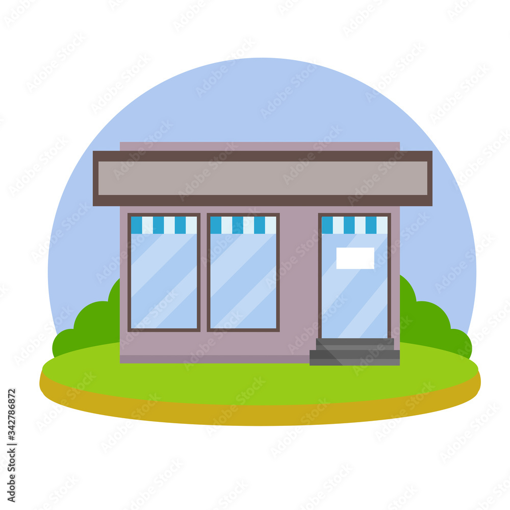 Small shop. Store with red and white roof. Food trade and coffee shop. Facade of the house with showcase. Cartoon flat illustration. Town and city. Element of urban landscape Small shop. Store with red and white roof. Food trade and coffee shop. Facade of the house with showcase. Cartoon flat illustration. Town and city. Element of urban landscape