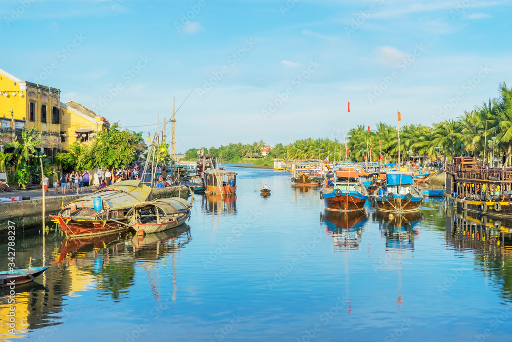 Panorama Aerial view of Hoi An ancient town, UNESCO world heritage, at Quang Nam province. Vietnam. Hoi An is one of the most popular destinations in Vietnam. Boat on Hoai river