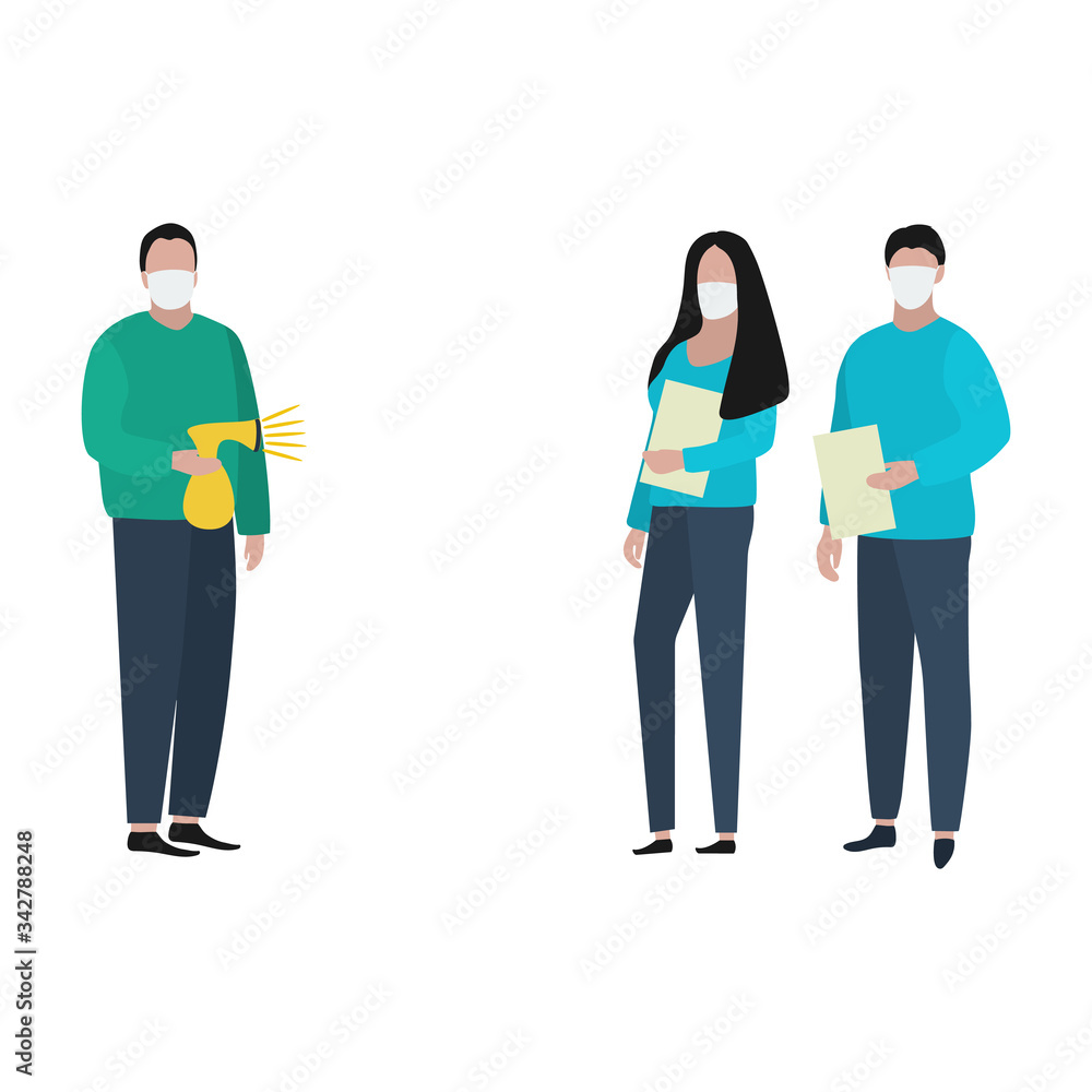 Man and woman with documents in medical masksand patient with an antiseptic spray. Fashion trendy illustration, flat design. Pandemic and epidemic of coronavirus in the world