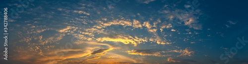 panorama vivid sky.Panorama of a twilight sunset and colorful clouds - sunlight with dramatic cloud.