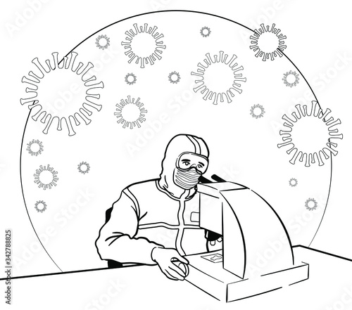 Scientist researching coronavirus cure in a virology laboratory looking in a microscope and wearing protective suit and 

medical mask. Vector black and white cartoon people  in EPS 10 file format
