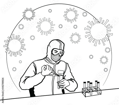 Virologist researching corona virus treatment in a medical laboratory using test tubes and wearing protective suit and 

medical mask. Vector black and white cartoon people in EPS 10 file format